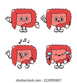 Funny cute intestines characters bundle set. Vector hand drawn doodle style traditional cartoon vintage,retro character illustration icon design. Intestines mascot emoji,health,adorable,kids character