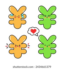 Funny cute Japanese yen sign characters bundle set. Vector hand drawn doodle style cartoon character illustration icon design. Isolated white background. Japanese yen sign mascot collection