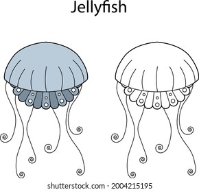 Funny cute jellyfish isolated on white background. Linear, contour, black and white and colored version. Illustration can be used for coloring book and pictures for children