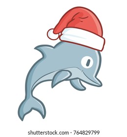 Funny and cute jumping dolphin wearing Santa's hat for Christmas and smiling - vector.