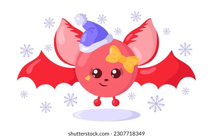Funny cute kawaii bat with Christmas hat and round body surroundet by snowflakes in flat design with shadows. Isolated animal vector illustration	