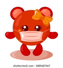 Funny cute kawaii bear girl with round body and protective medical face mask in flat design with shadows. Isolated vector illustration	