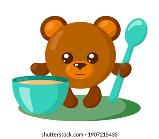 Funny cute kawaii bear with round body, spoon and bowl in flat design with shadows. Isolated animal vector illustration