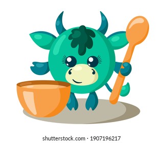 Funny cute kawaii bull or cow with round body, spoon and bowl in flat design with shadows. Isolated animal vector illustration