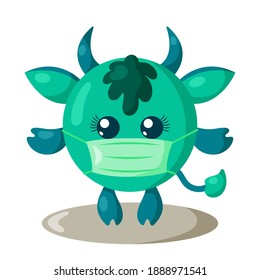 Funny cute kawaii bull with round body and protective medical face mask in flat design with shadows. Isolated vector illustration	