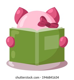 Funny cute kawaii cat with book in flat design with shadows. Isolated animal vector illustration	