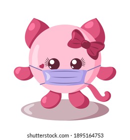 Funny cute kawaii cat girl with round body and protective medical face mask in flat design with shadows. Isolated vector illustration	