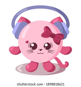 Funny cute kawaii cat with headphones and round body in flat design with shadows. Isolated animal vector illustration