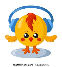 Funny cute kawaii chick with headphones, round body and hair in flat design with shadows. Isolated animal vector illustration