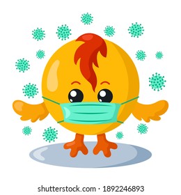 Funny cute kawaii chick with round body and protective medical face mask surroundet by viruses in flat design with shadows. Isolated vector illustration	