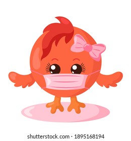 Funny cute kawaii chick with round body and protective medical face mask in flat design with shadows. Isolated vector illustration	