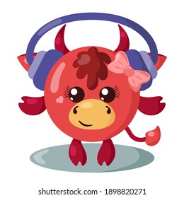 Funny cute kawaii cow with headphones, round body and hair in flat design with shadows. Isolated animal vector illustration