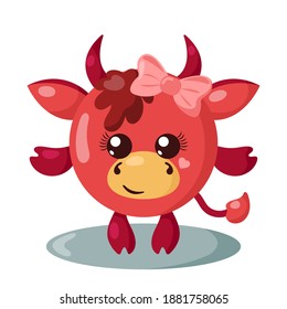 Funny cute kawaii cow with round body, hair bow and heart in flat design with shadows. Isolated vector illustration	