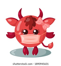 Funny cute kawaii cow with round body and protective medical face mask in flat design with shadows. Isolated vector illustration	