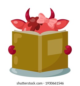 Funny cute kawaii cow with round body and book in flat design with shadows. Isolated animal vector illustration	
