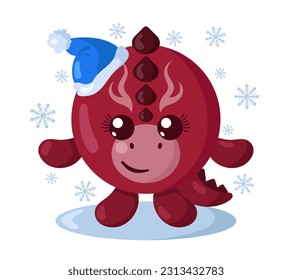 Funny cute kawaii dragon with Christmas hat and round body surroundet by snowflakes in flat design with shadows. Isolated animal vector illustration	