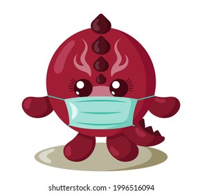 Funny cute kawaii dragon with round body and protective medical face mask in flat design with shadows. Isolated animal vector illustration	