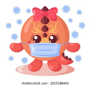 Funny cute kawaii dragon with round body and protective medical face mask surrounded by viruses in flat design with shadows. Isolated animal vector illustration	
