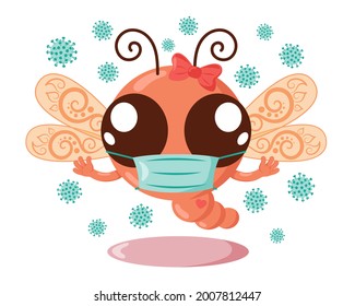 Funny cute kawaii dragonfly with protective medical face mask in flat design with shadows. Isolated animal vector illustration	
