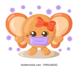 Funny cute kawaii elephant with round body and protective medical face mask surrounded by viruses in flat design with shadows. Isolated animal vector illustration	