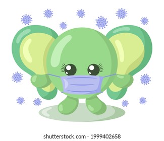 Funny cute kawaii elephant with round body and protective medical face mask surrounded by viruses in flat design with shadows. Isolated animal vector illustration	