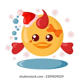 Funny cute kawaii fish with Christmas hat and round body surroundet by snowflakes in flat design with shadows.