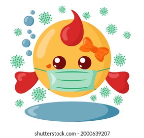 Funny cute kawaii fish with round body and protective medical face mask surrounded by viruses in flat design with shadows. Isolated animal vector illustration	
