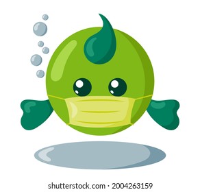 Funny cute kawaii fish with round body and protective medical face mask in flat design with shadows. Isolated animal vector illustration	