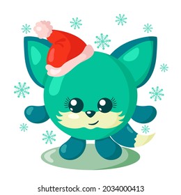 Funny cute kawaii fox with Christmas hat and round body surroundet by snowflakes in flat design with shadows. Isolated animal vector illustration