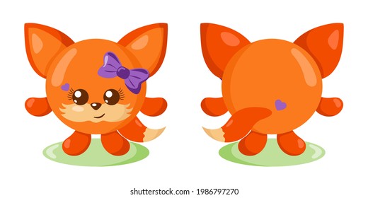 Funny cute kawaii fox with round body in flat design with shadows, front and back. Isolated animal vector illustration