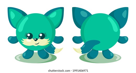 Funny cute kawaii fox with round body in flat design with shadows, front and back. Isolated animal vector illustration	