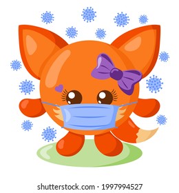 Funny cute kawaii fox with round body and protective medical face mask surrounded by viruses in flat design with shadows. Isolated animal vector illustration	