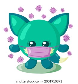 Funny cute kawaii fox with round body and protective medical face mask surrounded by viruses in flat design with shadows. Isolated animal vector illustration	
