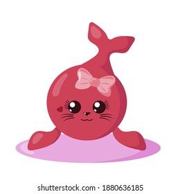 Funny cute kawaii fur seal girl with round body, heart and hair bow in flat design with shadows. Isolated vector illustration	
