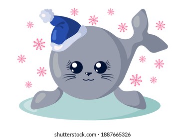 Funny cute kawaii fur seal with Christmas hat and round body surroundet by snowflakes in flat design with shadows. Isolated winter holiday vector illustration	