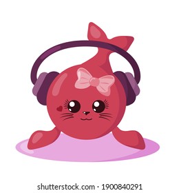 Funny cute kawaii fur seal with headphones and round body in flat design with shadows. Isolated animal vector illustration	