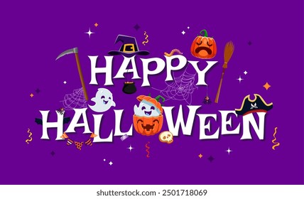 Divertidos lindos fantasmas kawaii en feliz Anuncio de Halloween. Vacaciones espeluznantes de otoño, feliz Anuncio de Vector de fiesta de horror de Halloween o impresión con calabaza, pirata y sombrero de bruja, personajes kawaii fantasma