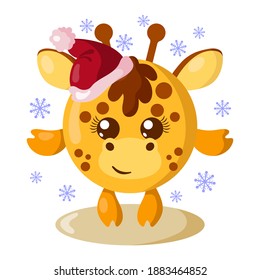 Funny cute kawaii giraffe with Christmas hat and round body surroundet by snowflakes in flat design with shadows. Isolated winter holiday vector illustration