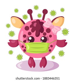 Funny cute kawaii giraffe girl with round body and protective medical face mask surroundet by viruses in flat design with shadows. Isolated vector illustration	