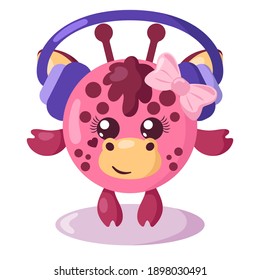 Funny cute kawaii giraffe girl with headphones, round body and hair in flat design with shadows. Isolated animal vector illustration	