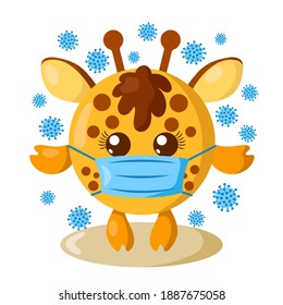 Funny cute kawaii giraffe with round body and protective medical face mask surroundet by viruses in flat design with shadows. Isolated vector illustration	