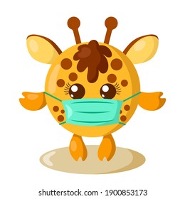 Funny cute kawaii giraffe with round body and protective medical face mask in flat design with shadows. Isolated vector illustration	