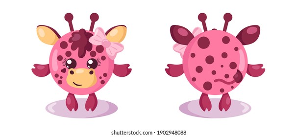 Funny cute kawaii giraffe with round body and hair in flat design with shadows, front and back. Isolated vector illustration	