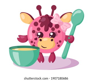 Funny cute kawaii giraffe with round body, spoon and bowl in flat design with shadows. Isolated animal vector illustration