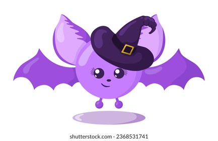 Funny cute kawaii Halloween bat with witch hat in flat design with shadows. Isolated animal vector illustration