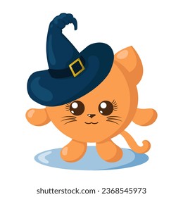 Funny cute kawaii Halloween cat with witch hat in flat design with shadows. Isolated animal vector illustration