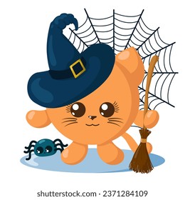 Funny cute kawaii Halloween cat with witch hat, spider web, broom and spider in flat design with shadows. Isolated animal vector illustration