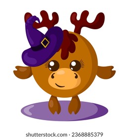 Divertido ciervo kawaii de Halloween o alce con sombrero de bruja de diseño plano con sombras. Ilustración vectorial animal aislada 