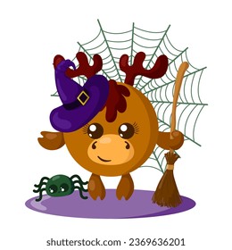 Funny cute kawaii Halloween deer or moose with witch hat, spider web, broom and spider in flat design with shadows. Isolated animal vector illustration