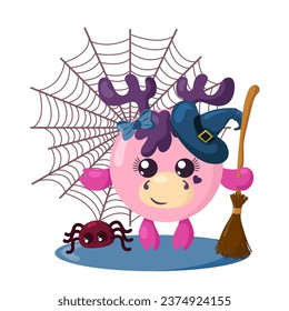 Funny cute kawaii Halloween deer or moose with witch hat, spider web, broom and spider in flat design with shadows. Isolated animal vector illustration	